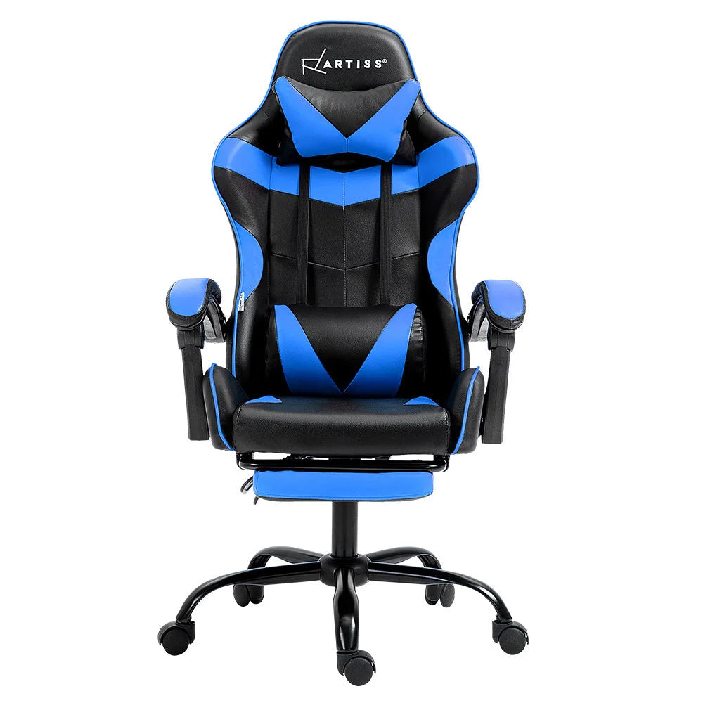 Blue leather office chair with upholstered seat and curved back