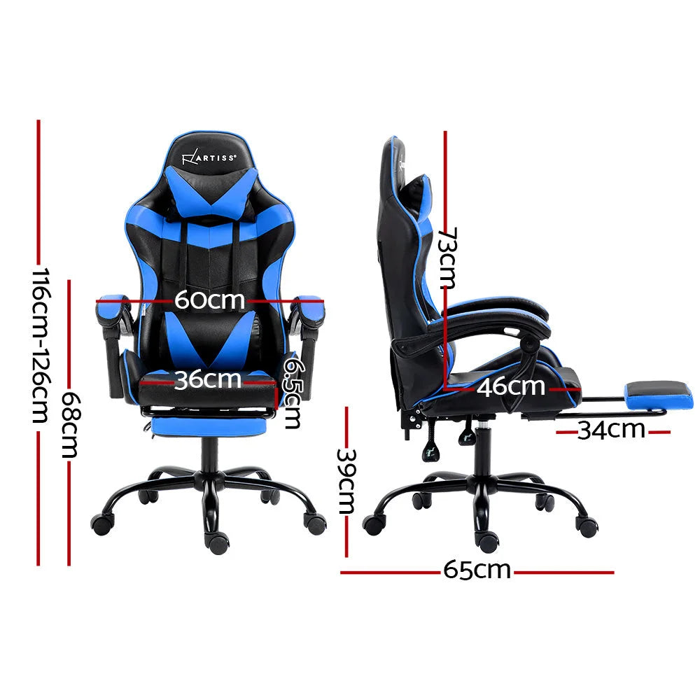 Blue leather office chair with padded seat and sturdy metal frame