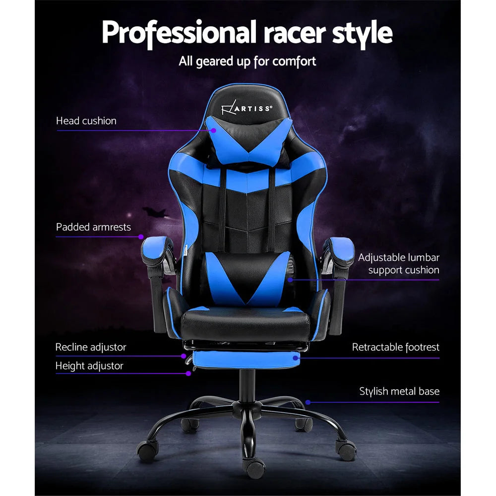 Blue leather office chair with hanging seat and stand supports