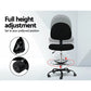 Black fabric office chair with padded seat and sturdy metal frame