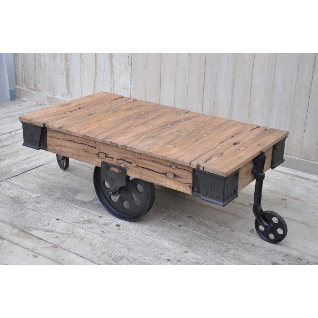 OLD RAILWAY SLEEPER INDUSTRIAL CART COFFEE TABLE