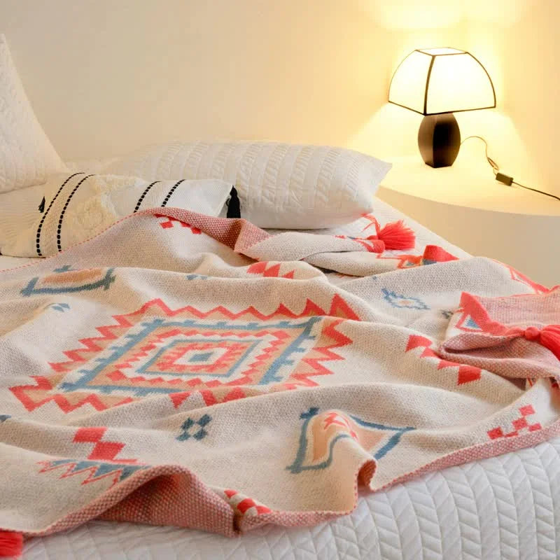 Orange Bohemian Geometric Tassel Throw Blanket - Soft