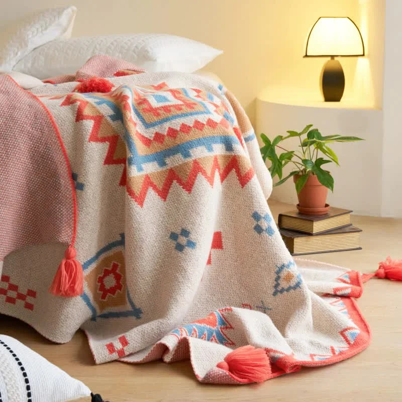 Orange Bohemian Geometric Tassel Throw Blanket - Soft