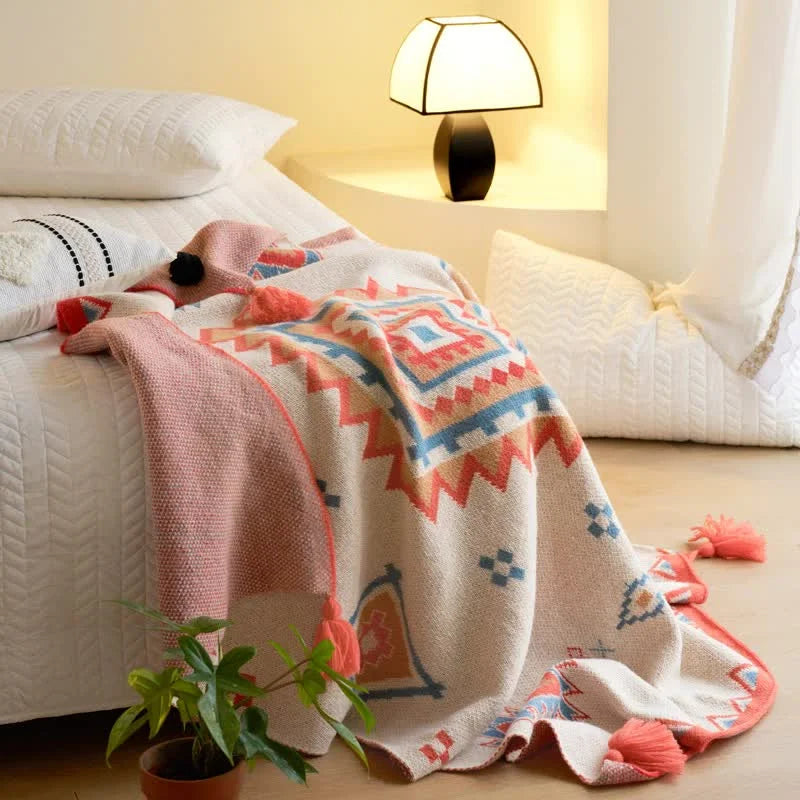 Orange Bohemian Geometric Tassel Throw Blanket - Soft