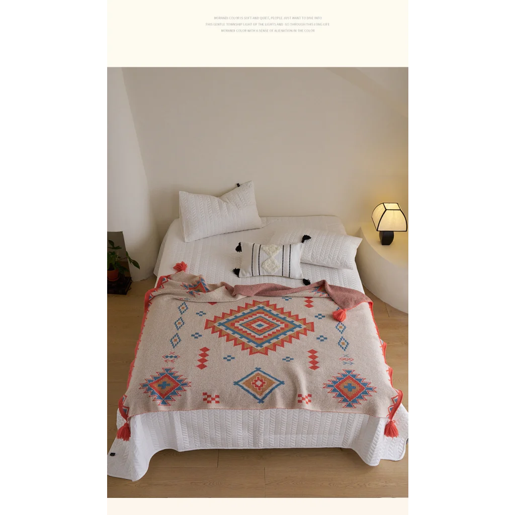 Orange Bohemian Geometric Tassel Throw Blanket - Soft