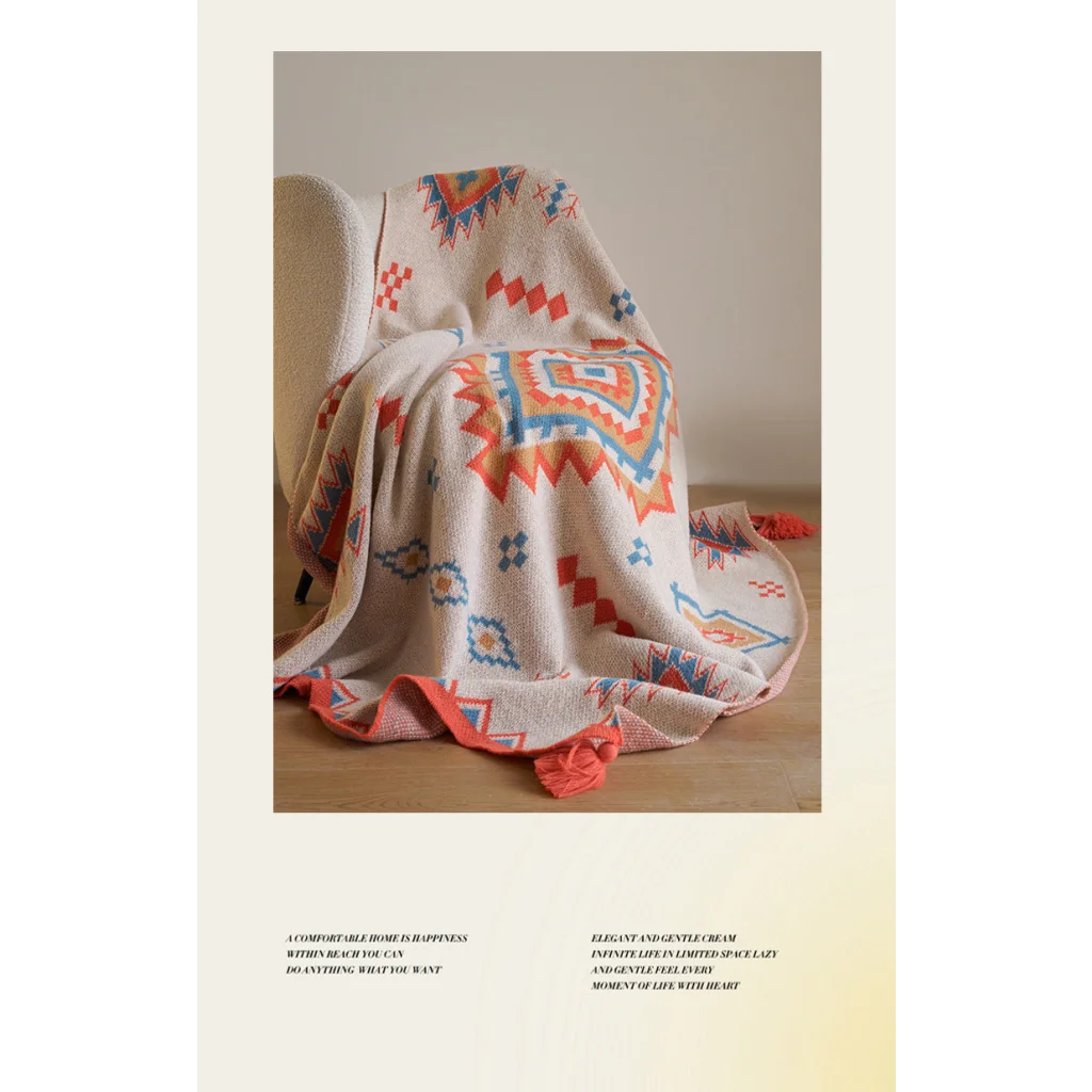 Orange Bohemian Geometric Tassel Throw Blanket - Soft