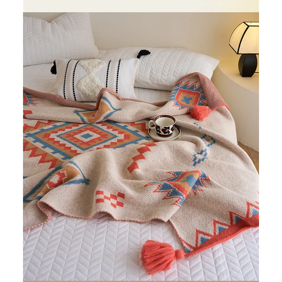 Orange Bohemian Geometric Tassel Throw Blanket - Soft