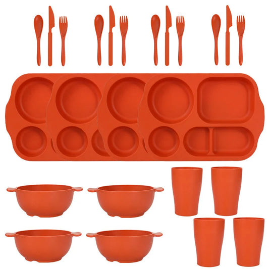 Orange Durable Eco-Friendly Wheat Straw Dinnerware Set - 24