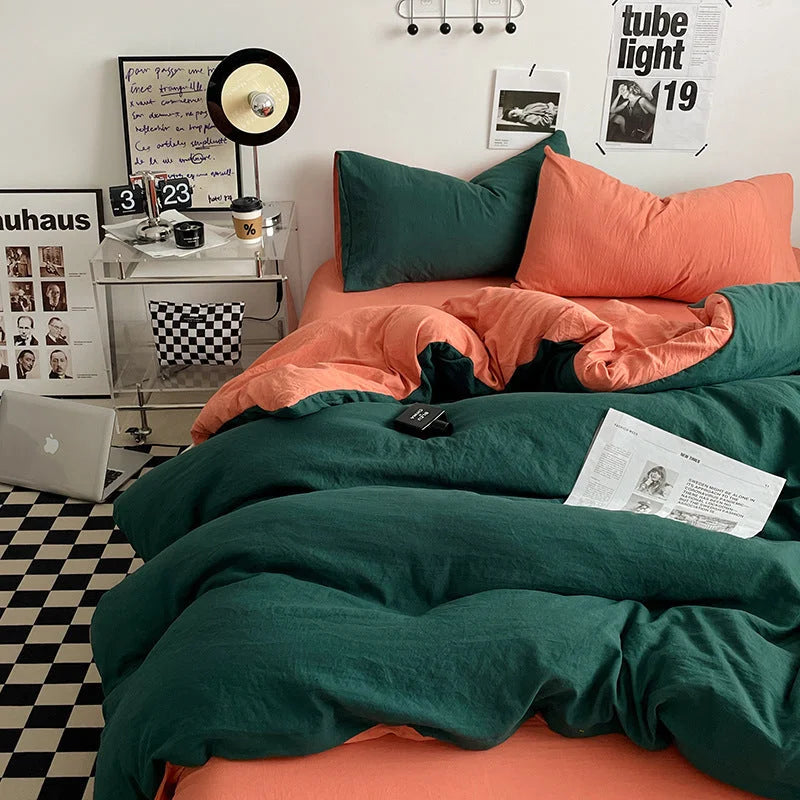Orange-green 1.5m Bed Fitted Sheet Set with 200x230cm Duvet