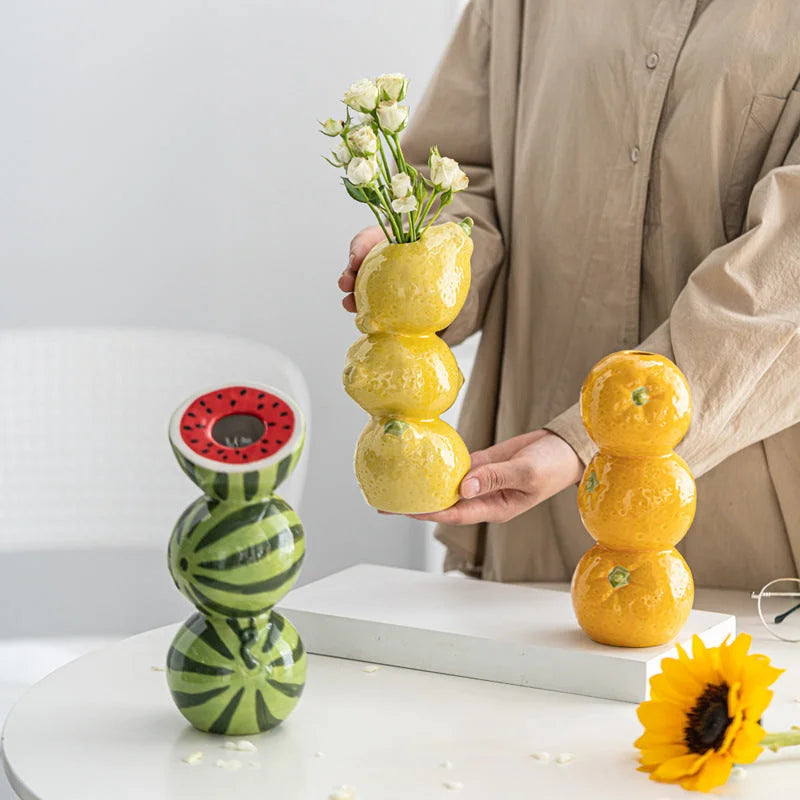 Orange Whimsical Stacked Fruit Ceramic Vase - Nordic Style