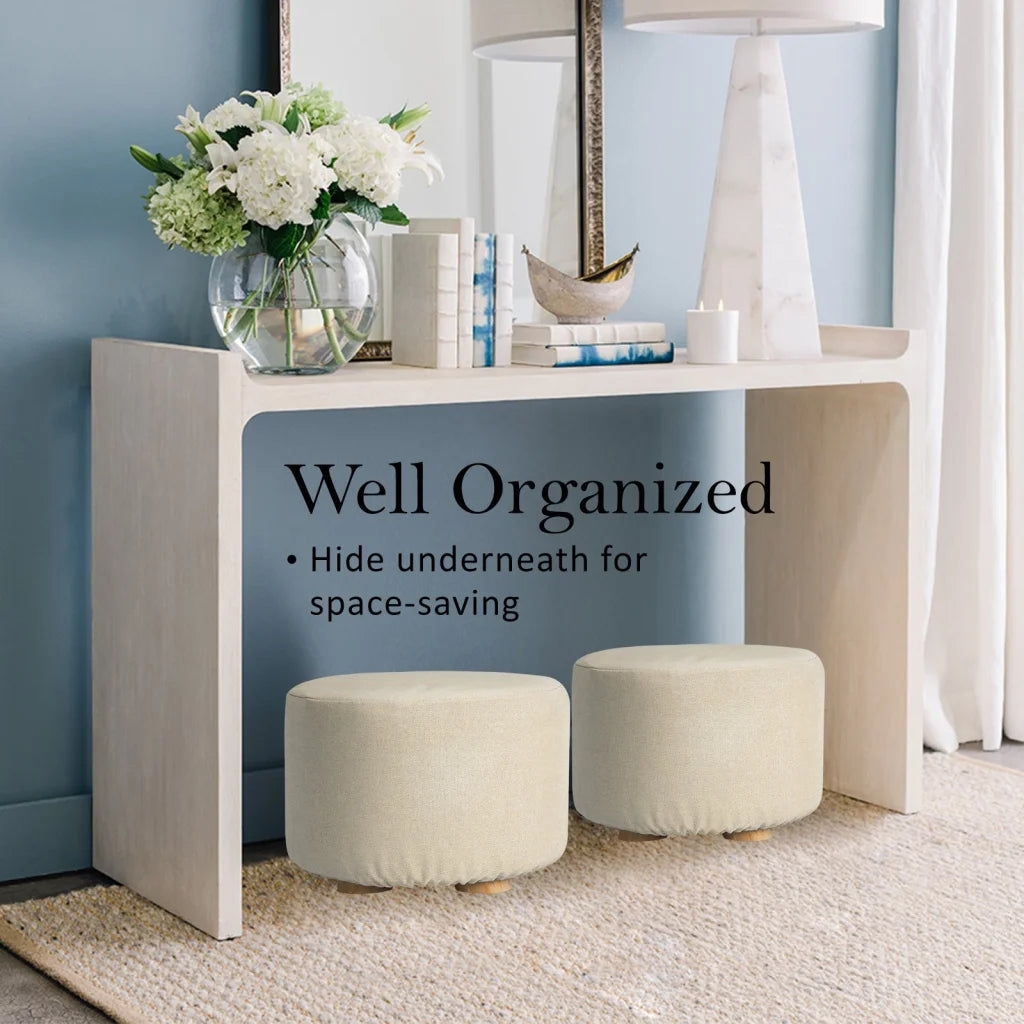 Ottoman Foot Stool Round Wooden Leg Fabric - Beige