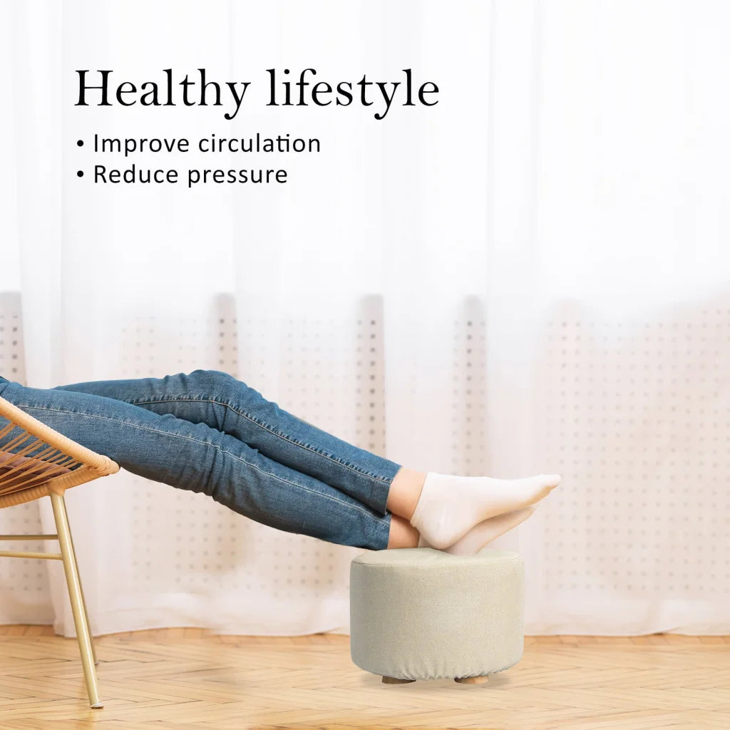 Ottoman Foot Stool Round Wooden Leg Fabric - Beige