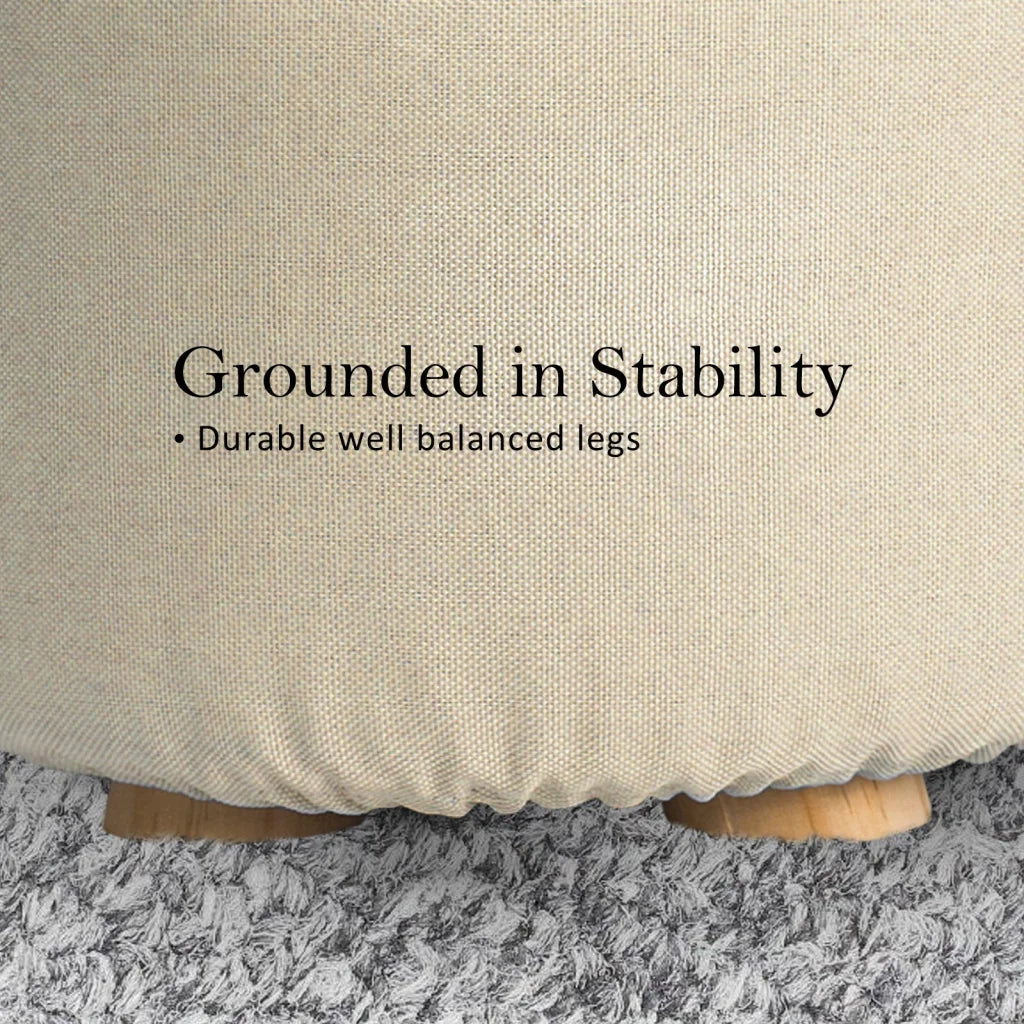 Ottoman Foot Stool Round Wooden Leg Fabric - Beige