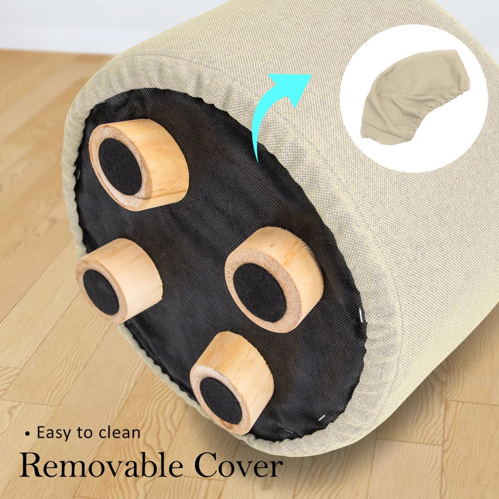 Ottoman Foot Stool Round Wooden Leg Fabric - Beige