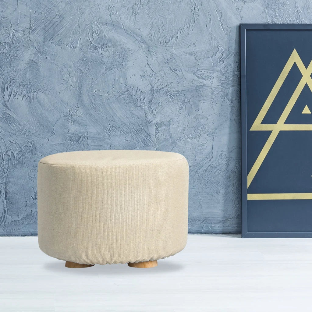 Ottoman Foot Stool Round Wooden Leg Fabric - Beige