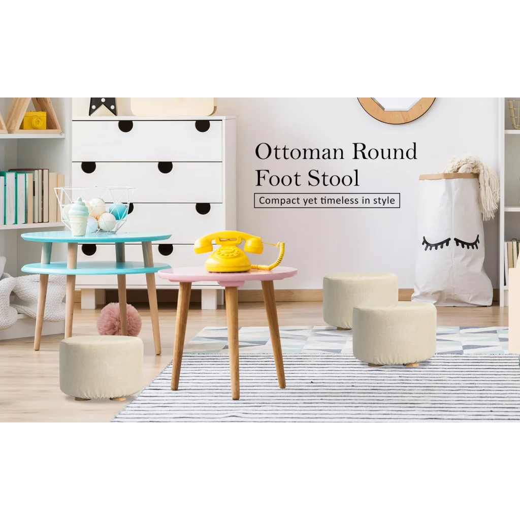 Ottoman Foot Stool Round Wooden Leg Fabric - Beige