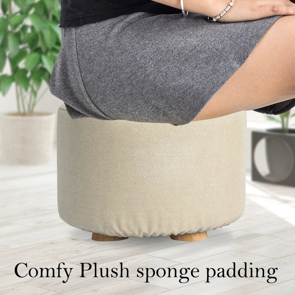 Ottoman Foot Stool Round Wooden Leg Fabric - Beige