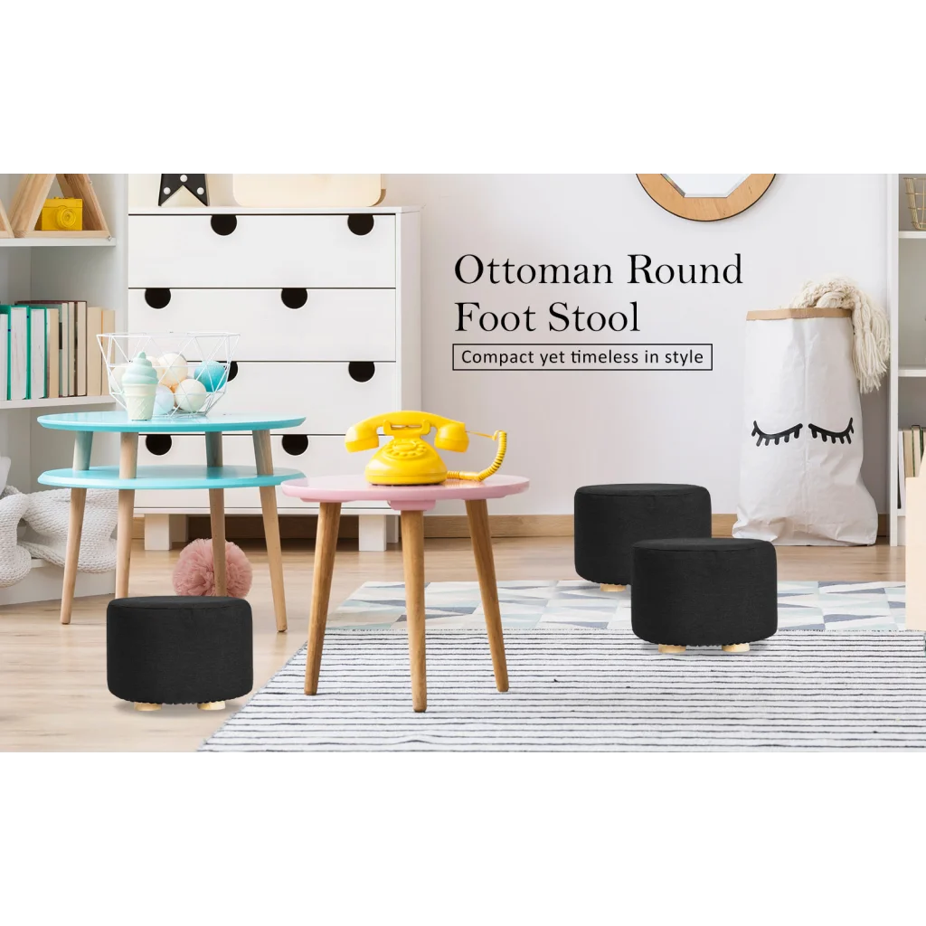 Ottoman Foot Stool Round Wooden Leg Fabric - Black