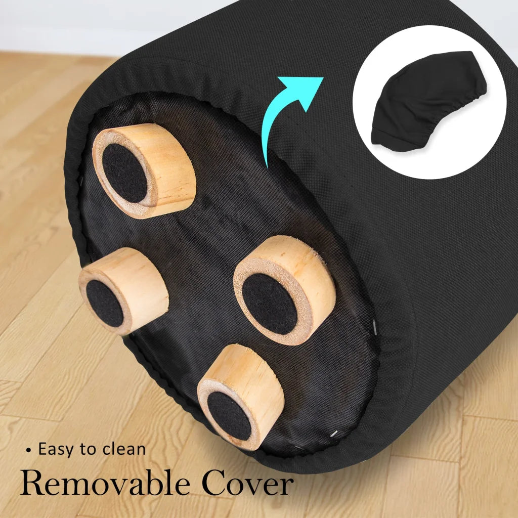 Ottoman Foot Stool Round Wooden Leg Fabric - Black