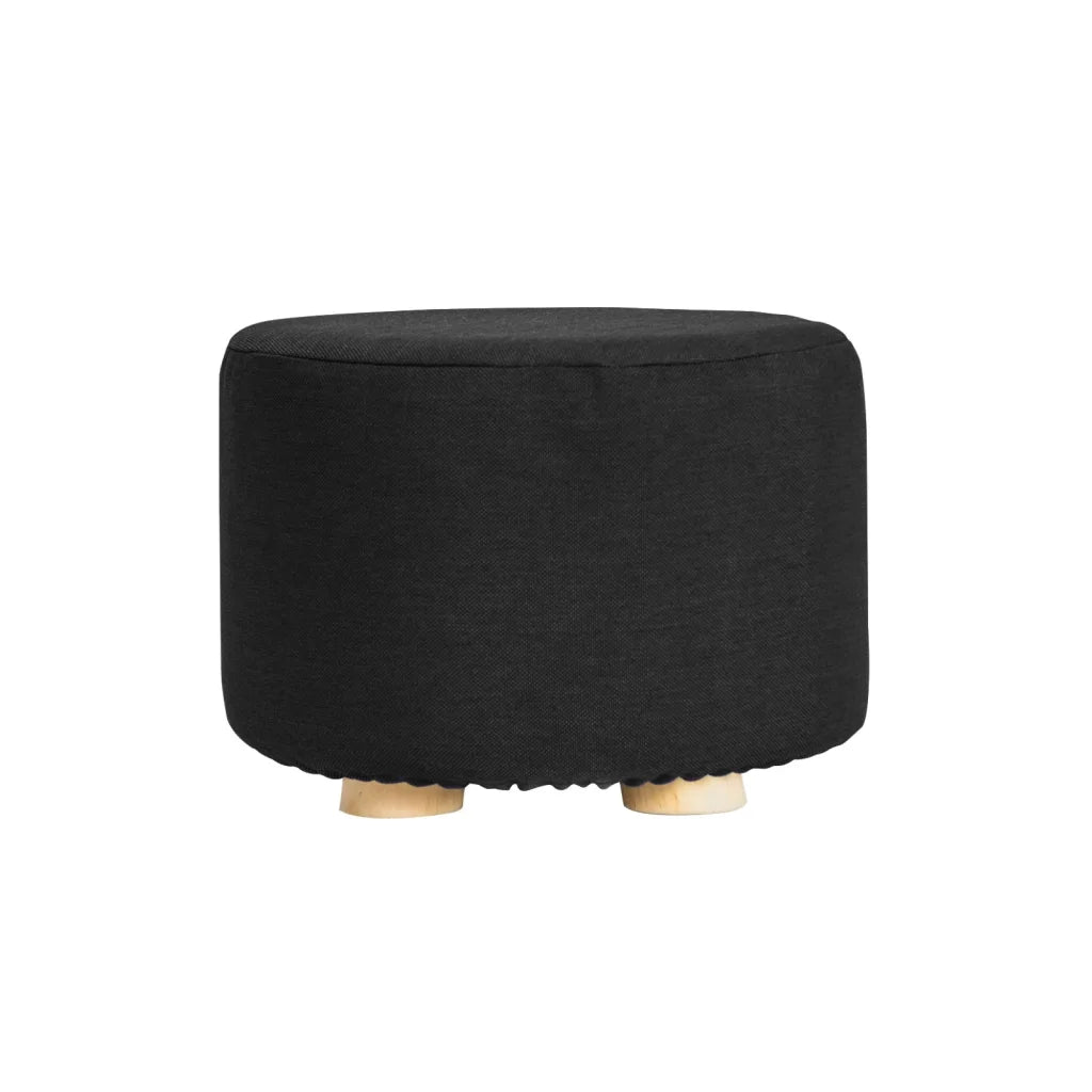 Ottoman Foot Stool Round Wooden Leg Fabric - Black