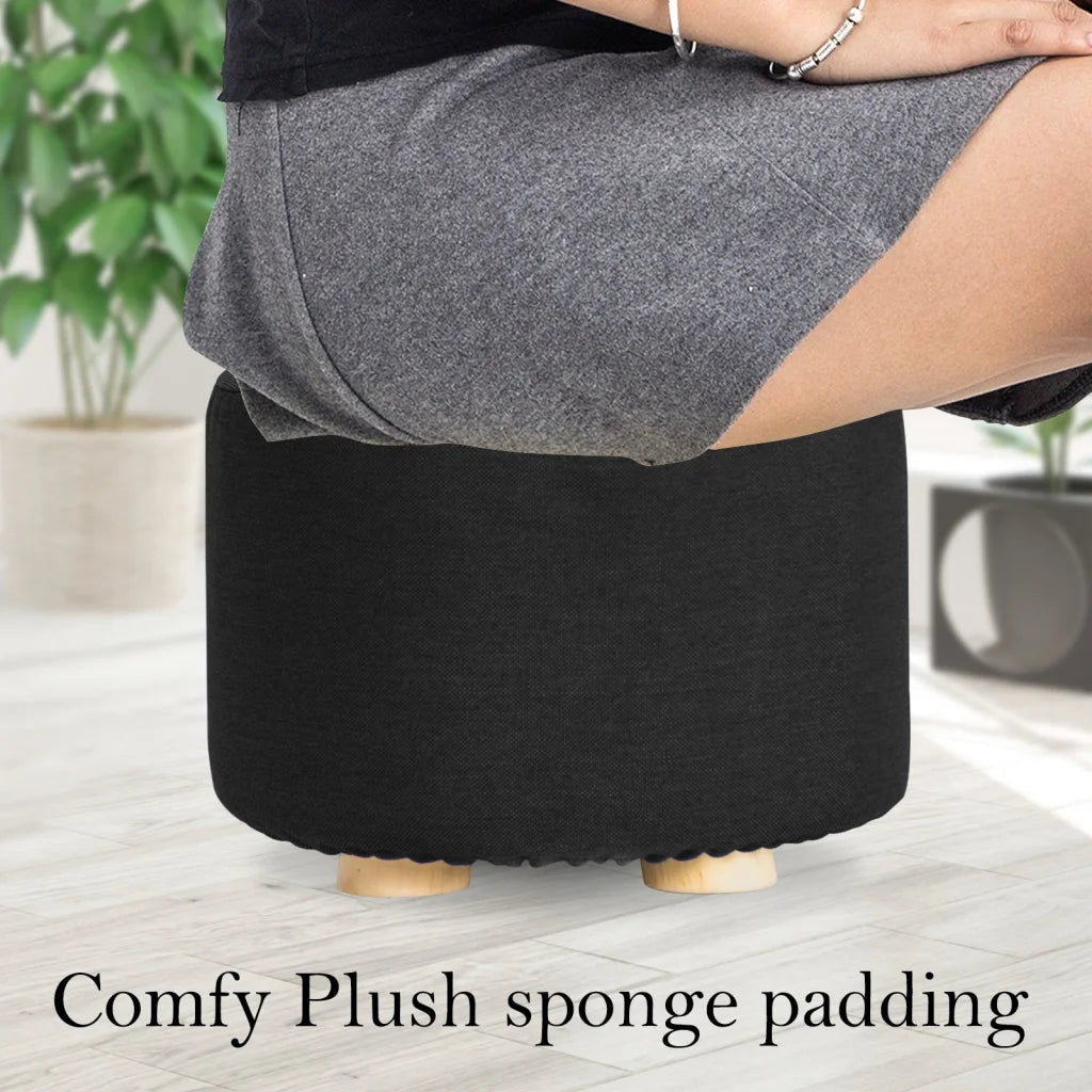 Ottoman Foot Stool Round Wooden Leg Fabric - Black