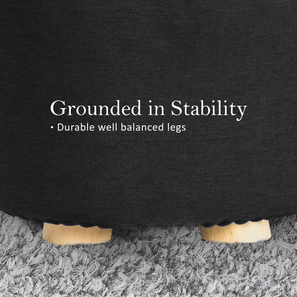 Ottoman Foot Stool Round Wooden Leg Fabric - Black