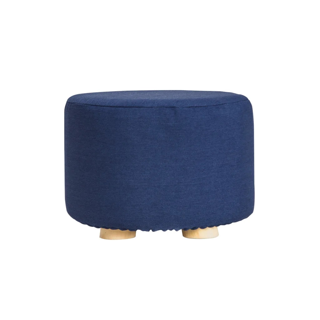 Ottoman Foot Stool Round Wooden Leg Fabric - Dark Blue