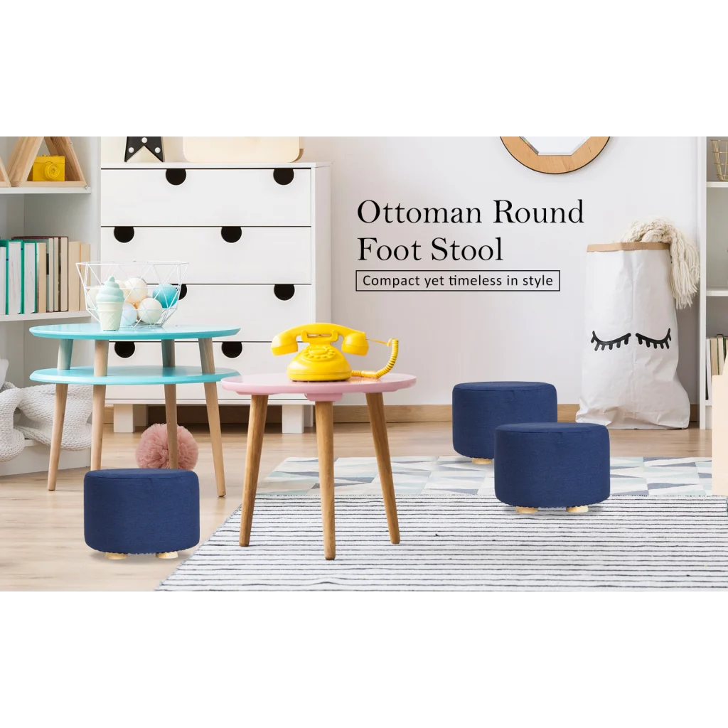 Ottoman Foot Stool Round Wooden Leg Fabric - Dark Blue