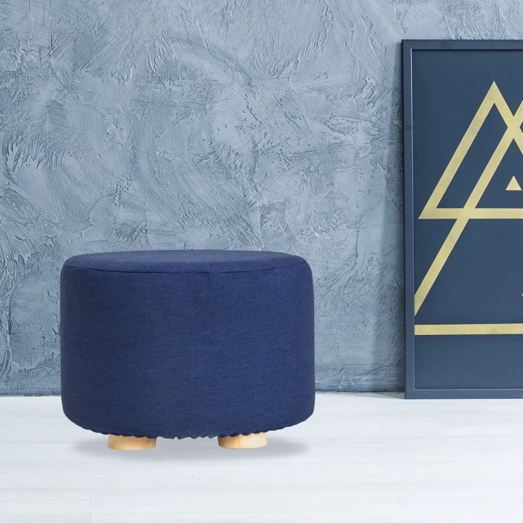 Ottoman Foot Stool Round Wooden Leg Fabric - Dark Blue