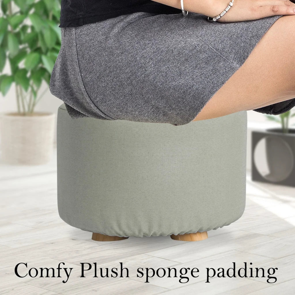 Ottoman Foot Stool Round Wooden Leg Fabric - Grey