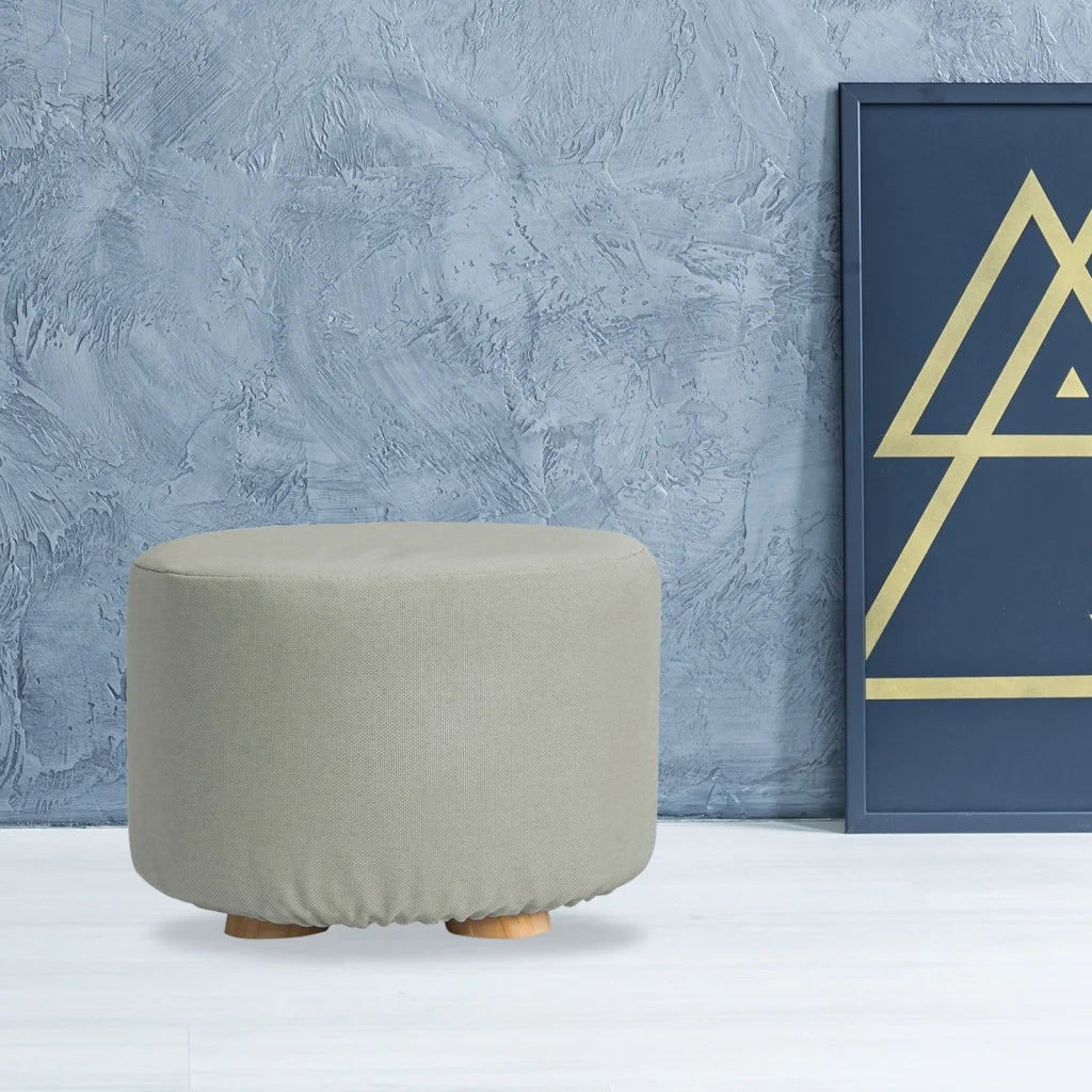Ottoman Foot Stool Round Wooden Leg Fabric - Grey