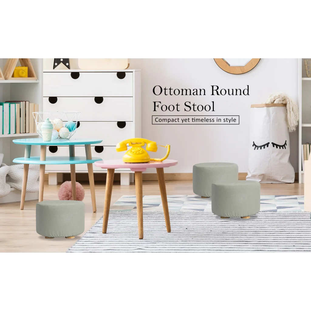 Ottoman Foot Stool Round Wooden Leg Fabric - Grey
