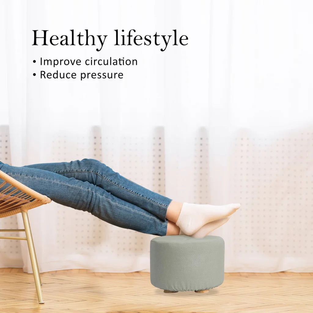 Ottoman Foot Stool Round Wooden Leg Fabric - Grey