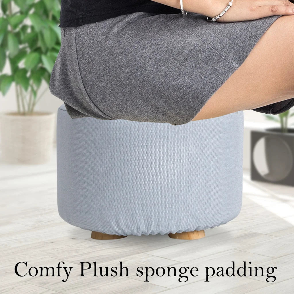 Ottoman Foot Stool Round Wooden Leg Fabric - Light Blue