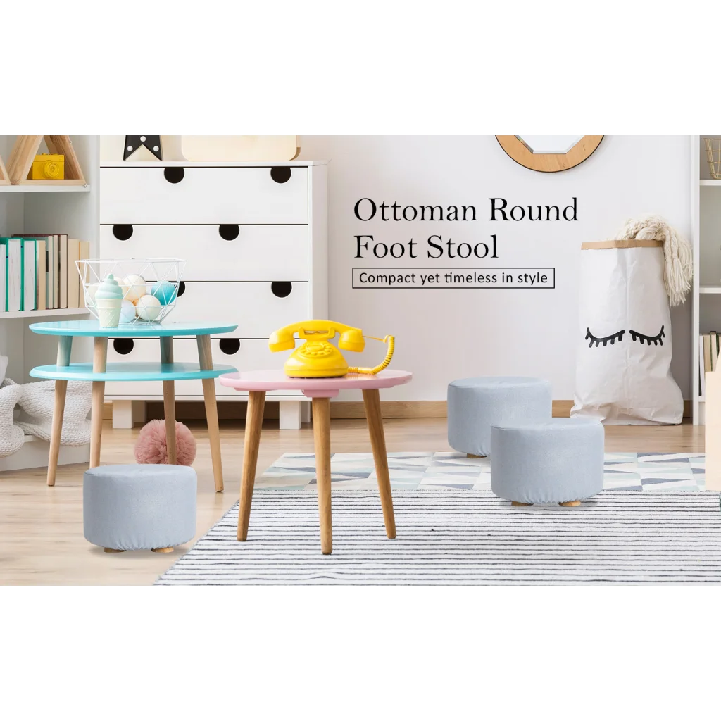 Ottoman Foot Stool Round Wooden Leg Fabric - Light Blue