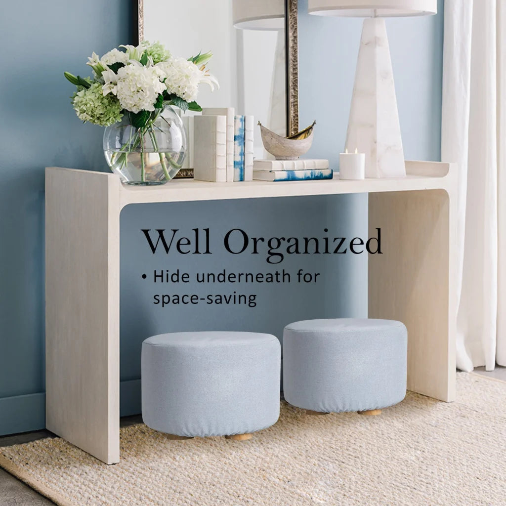 Ottoman Foot Stool Round Wooden Leg Fabric - Light Blue