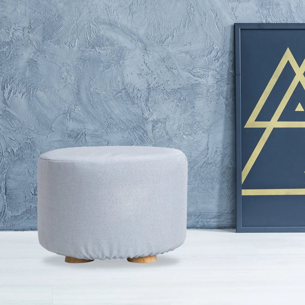 Ottoman Foot Stool Round Wooden Leg Fabric - Light Blue