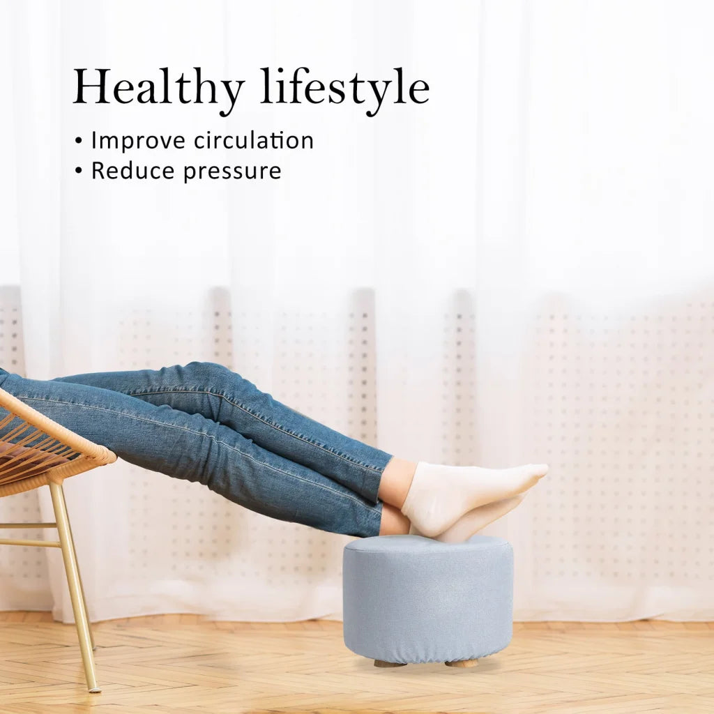 Ottoman Foot Stool Round Wooden Leg Fabric - Light Blue