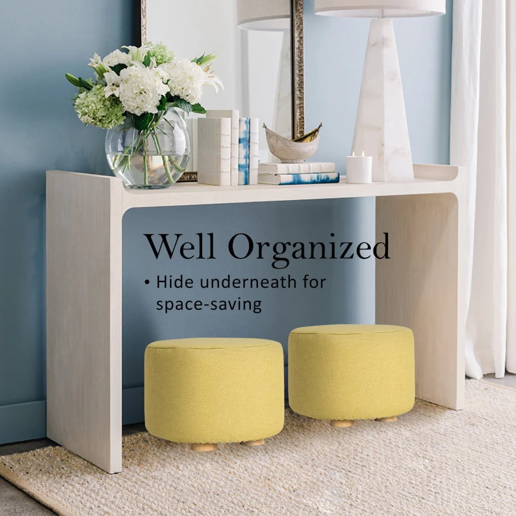 Ottoman Foot Stool Round Wooden Leg Fabric - Mustard Yellow