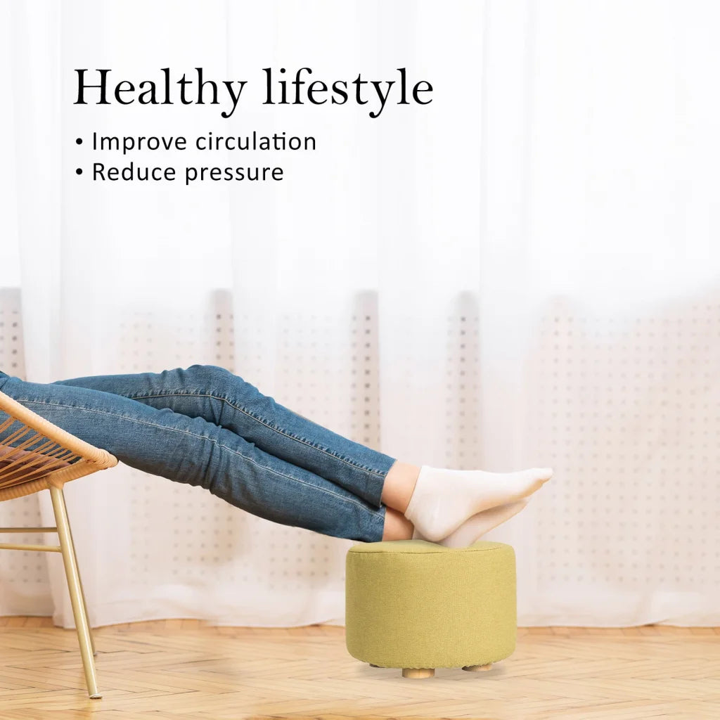 Ottoman Foot Stool Round Wooden Leg Fabric - Mustard Yellow
