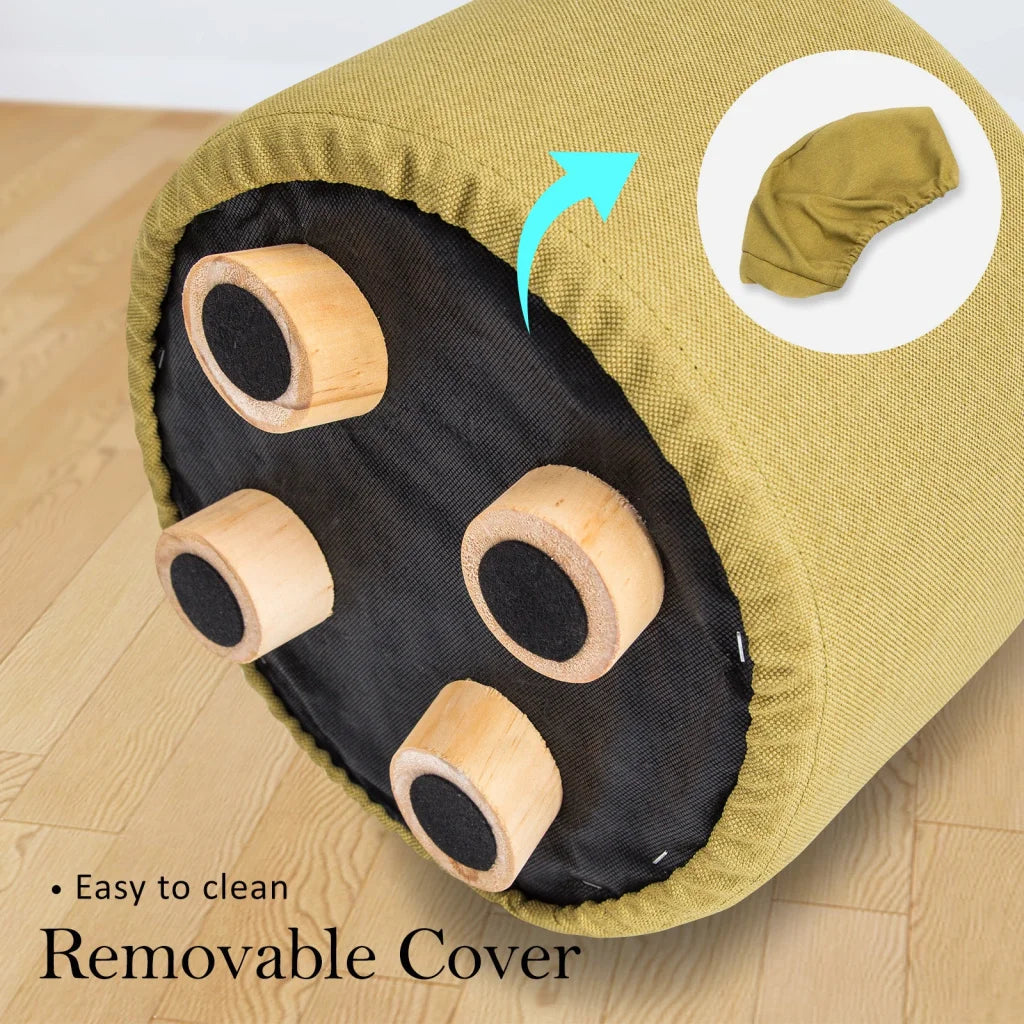 Ottoman Foot Stool Round Wooden Leg Fabric - Mustard Yellow