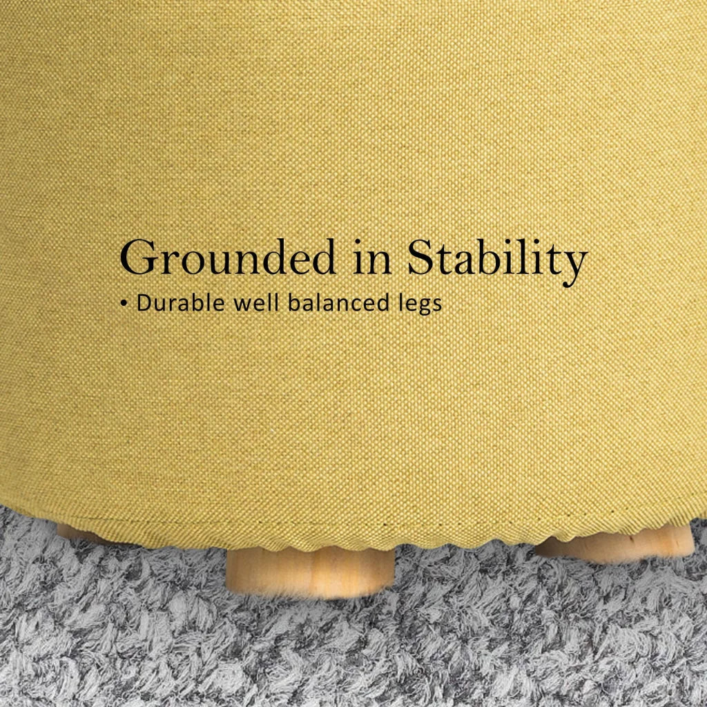 Ottoman Foot Stool Round Wooden Leg Fabric - Mustard Yellow