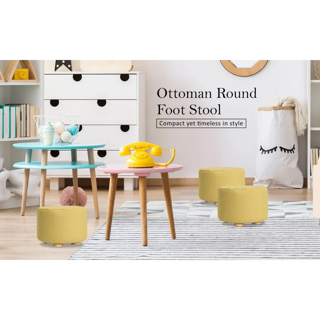 Ottoman Foot Stool Round Wooden Leg Fabric - Mustard Yellow