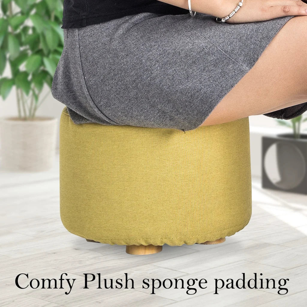 Ottoman Foot Stool Round Wooden Leg Fabric - Mustard Yellow