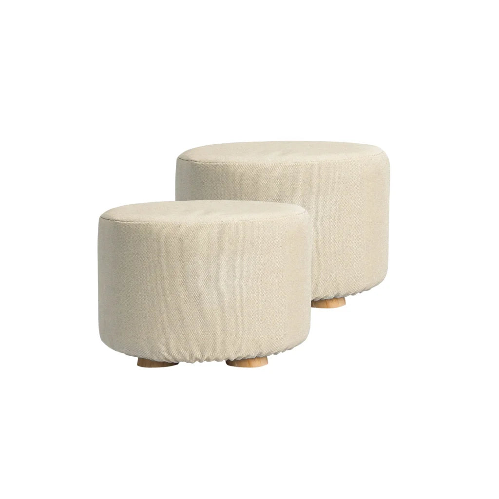 Ottoman Foot Stool Round Wooden Leg Fabric Set of 2 - Beige