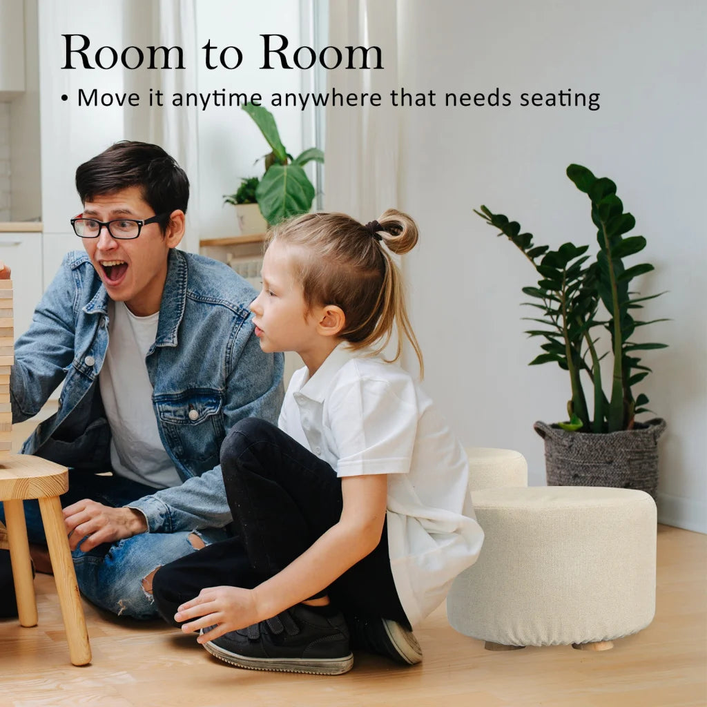 Ottoman Foot Stool Round Wooden Leg Fabric Set of 2 - Beige