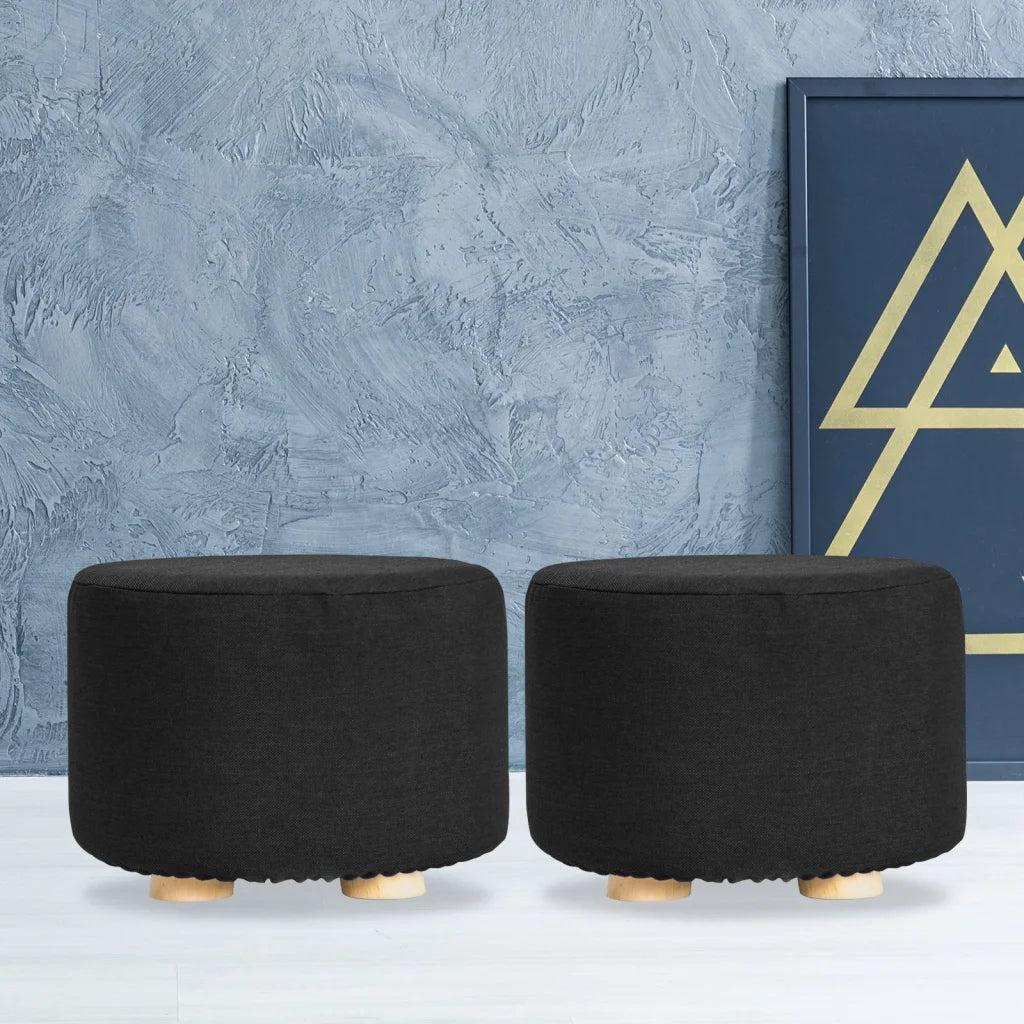 Ottoman Foot Stool Round Wooden Leg Fabric Set of 2 - Black