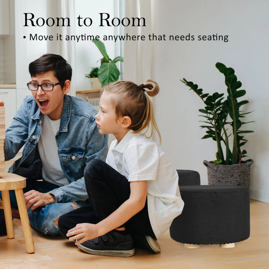 Ottoman Foot Stool Round Wooden Leg Fabric Set of 2 - Black