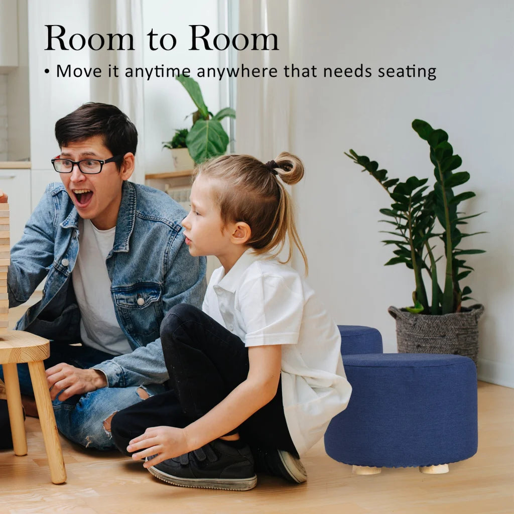 Ottoman Foot Stool Round Wooden Leg Fabric Set of 2 - Dark