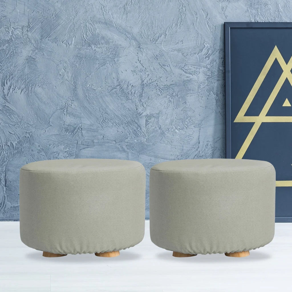 Ottoman Foot Stool Round Wooden Leg Fabric Set of 2 - Grey